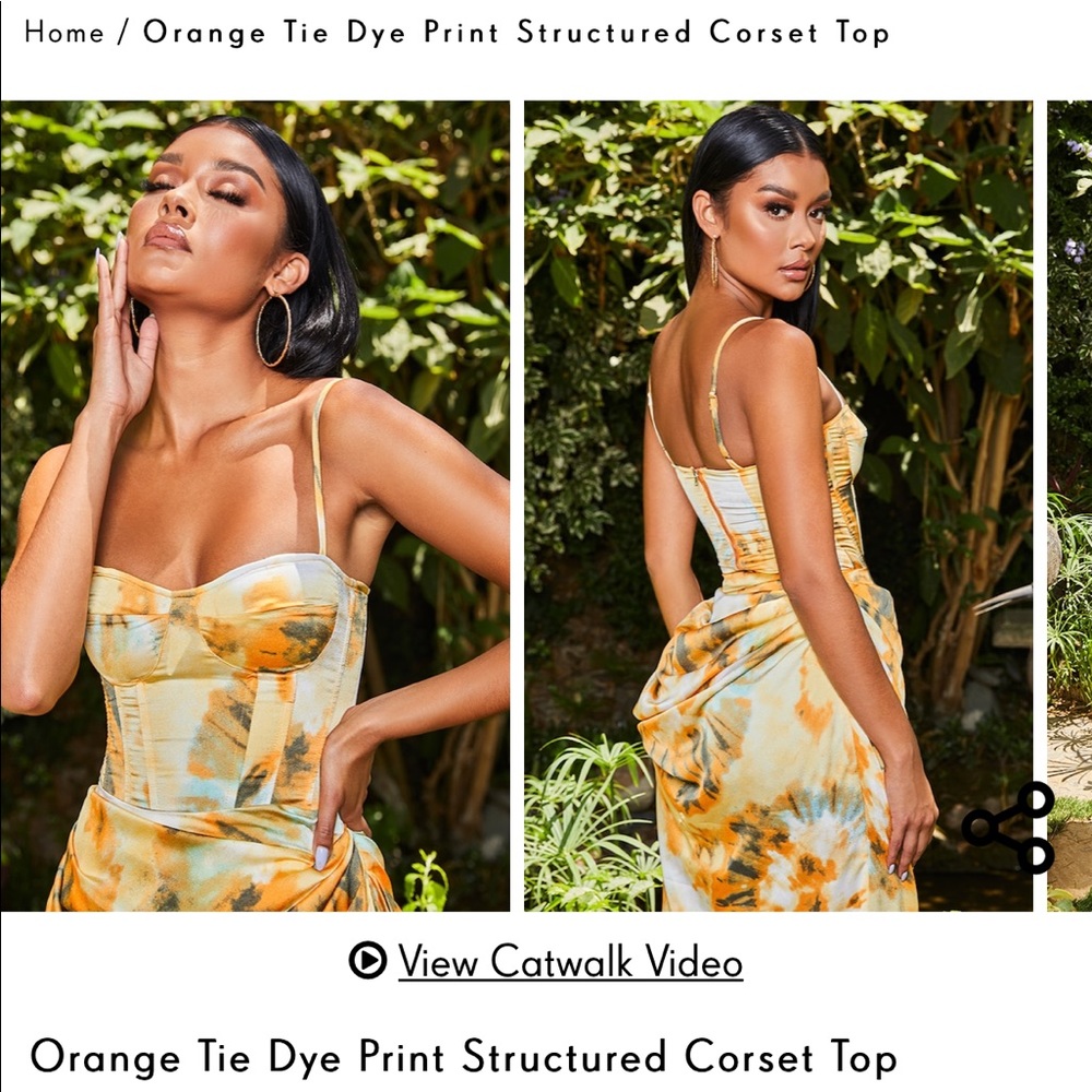PLT orange tie dye structured corset top and ruched side midi skirt set